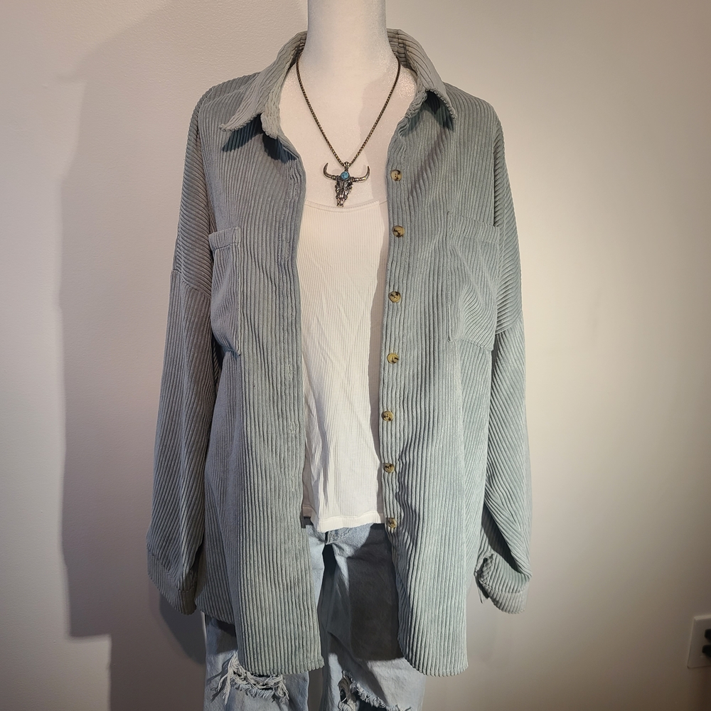 Revamped Corduroy Light Aqua Button Up Shirt Jacket